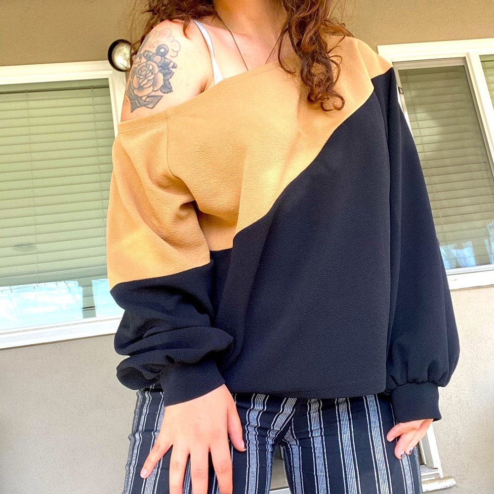 Tan and Black Blouse with Poufy sleeves